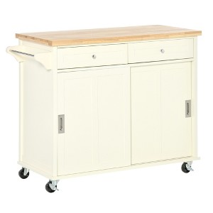 HOMCOM 43" Rolling Kitchen Island, Kitchen Storage Cart on Wheels with Sliding Doors, Cabinet, 2 Drawers, and Towel Rack, Cream White - 1 of 4