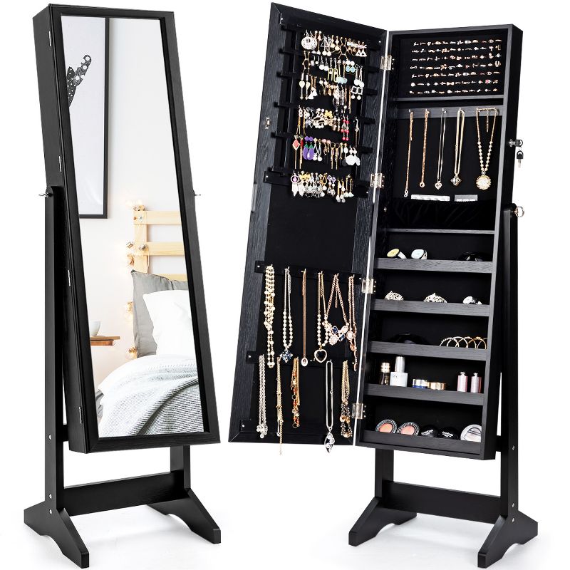 Costway Jewelry Cabinet Stand Mirror Armoire Lockable Organizer Large Storage Box White\Black\Brown, 1 of 11