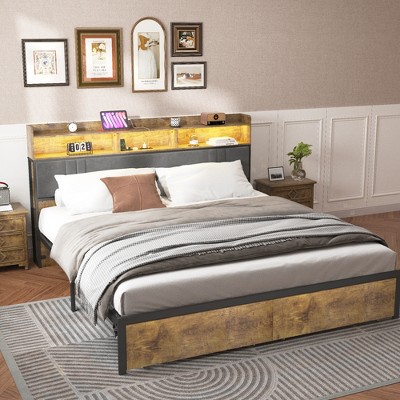 LOVMOR Full Queen King Size Platform Bed Frame with LED Lights, Charging Station, No Box Spring Needed, Easy Assemble
