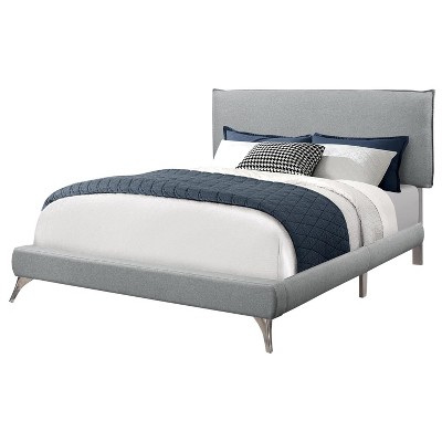 Monarch Specialties Bed Queen Size Platform Bedroom Frame Upholstered Linen Look Metal Legs Grey Chrome Contemporary Modern