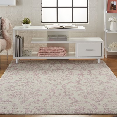Ivory and Pink Vintage Damask Area Rug