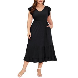 Whizmax Women's Plus Size Summer Casual Short Sleeve V-Neck Smocked Elastic Waist Tiered Midi Dress - 1 of 4