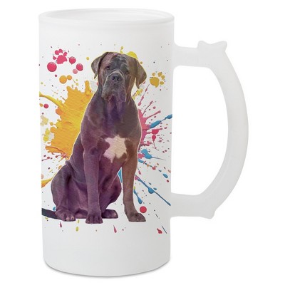 100 North Freezable Beer Stein Mug With Thumb Grip Handle, 16 Ounce Frosted Glass, Cane Corso Dog Paint Splatter