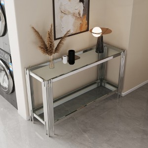 KIGFTSOD Top & Bottom Double Layer Tempered Glass Console Table with Mirror-Finished Stainless Steel Frame - 1 of 4