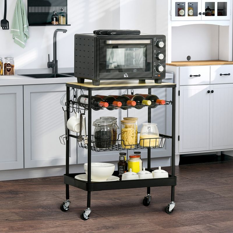HOMCOM Rolling Kitchen Cart, 3-Tier Utility Storage Trolley with Wine Rack, Mesh Drawer and Side Hooks for Dining Room, Black/Natural, 3 of 7