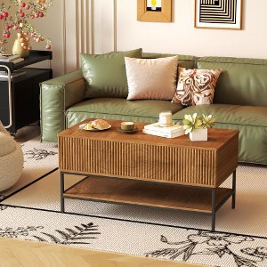 ACEPANO 39.37 in. W Rectangle Coffee Table with Sturdy Steel Legs, Hidden Storage & Lower Shelf-Brown - 1 of 4