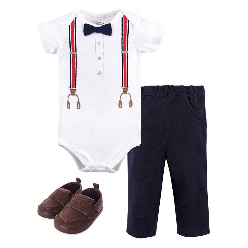 Little Treasure Baby Boy Cotton Bodysuit, Pant and Shoe 3pc Set, Red Navy Suspenders, 1 of 5