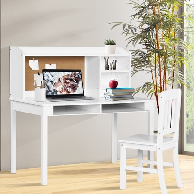 White Pine and MDF Kids Writing Desk with Hutch and Chair Set