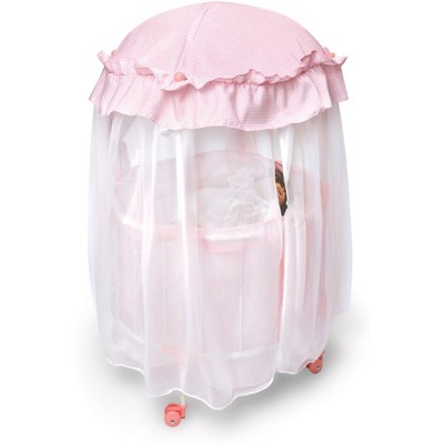 Pink and White Gingham Round Doll Crib with Canopy
