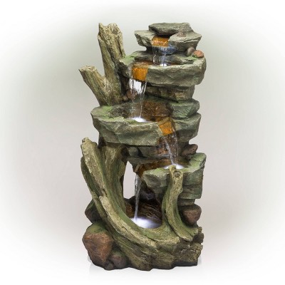 Cascading Stone Tower Fountain With Cool White LED Lights - Alpine Corporation
