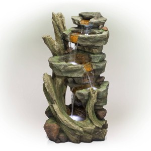 Cascading Stone Tower Fountain With Cool White LED Lights - Alpine Corporation: Outdoor Water Feature, No Assembly Required - 1 of 4