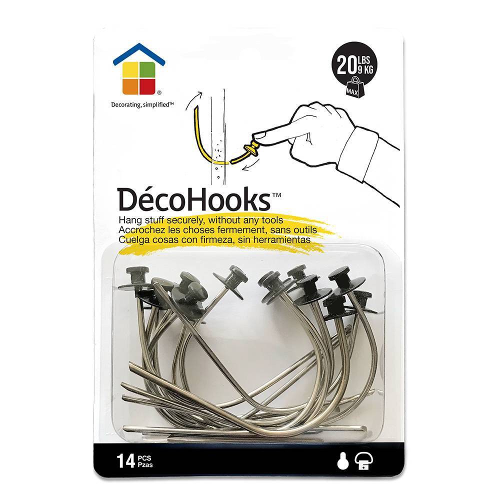 Under the Roof Decorating 20lb Deco Hooks Clear: Steel & Plastic Picture Hangers, Drywall & Stucco Hooks, 14 Pack