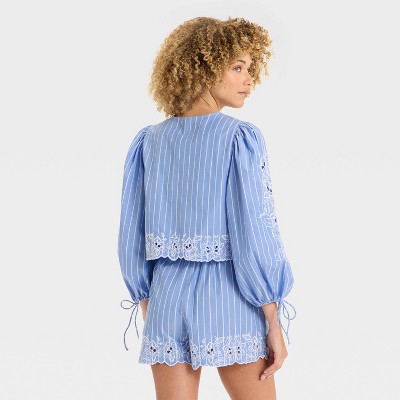 Women Long Sleeve Eyelet Tie-Front Poplin Blouse – Future Collective