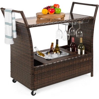 Best Choice Products Wicker Outdoor Rolling Bar Cart w/ Ice Bucket, Glass Countertop, Glass Holders, Storage - Brown