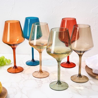 Muted Colored Acrylic Shatterproof Wine Glasses Set, 15oz, 6 Pieces