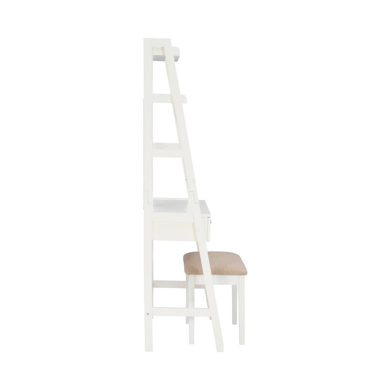 Alaina Wood Leaning Ladder Round Mirror 1 Drawer 2 Shelf Vanity and Upholstered Stool White - Linon, 6 of 15