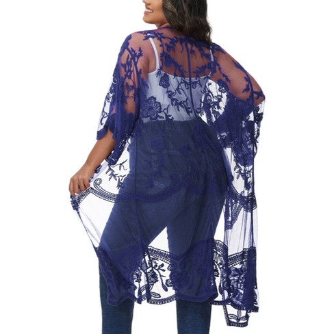 Anna Kaci Women s Plus Size Lace Cardigan Short Sleeve Open Front Floral Crochet Long Duster 3X 4X Navy