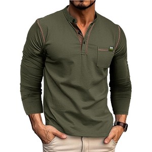 Men's Henley Shirt Long Sleeve Button Front V Neck Pocket Casual T-Shirt Top - 1 of 4