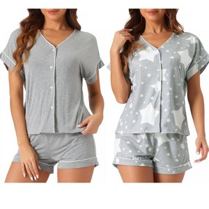 cheibear Women's Modal Button Up Short Sleeve T-shirt and Shorts Pajama Sets 2 Pcs - 1 of 4