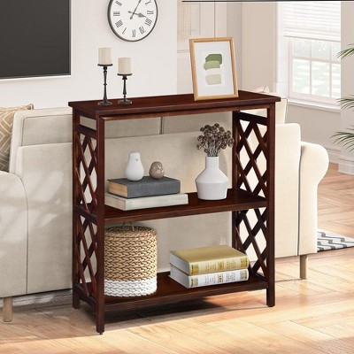3-Tier Console Table with Storage Shelves, Open Bookshelf with Solid Pine Wood Legs for Hallway, Living Room and Bedroom, Black/Cherry - ModernLuxe
