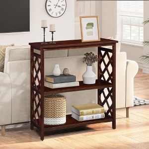 3-Tier Console Table with Storage Shelves, Open Bookshelf with Solid Pine Wood Legs for Hallway, Living Room and Bedroom, Black/Cherry - ModernLuxe - 1 of 4