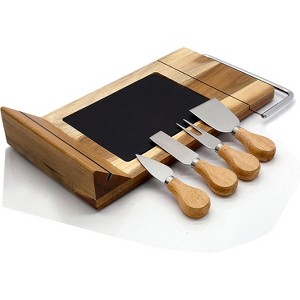 NutriChef Bamboo Cheese Board Set with Slate Platter & Integrated Slicer PKCZBD50 - Rustic Natural - 1 of 4