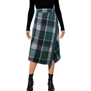 Women's Plaid Wool Midi Skirt - Fringed A-Line Wrap Style for Fall & Winter Green - 1 of 4