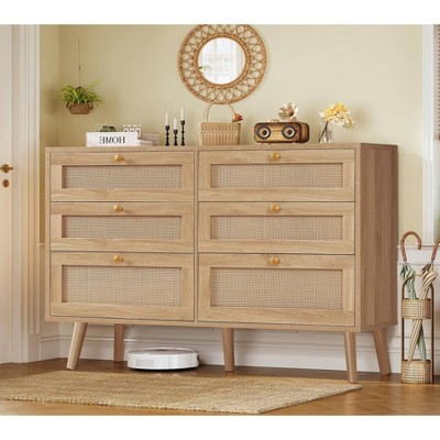 USIKEY 47.2''Wide 6 Drawer Dresser for Bedroom, Rattan Dresser Chest of Drawers, Modern Wood Dresser Chest for Bedroom, Living Room, Entryway, Natural