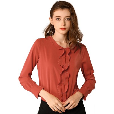 Allegra K Women's Casual Long Sleeves Ruffle Button Down Shirt