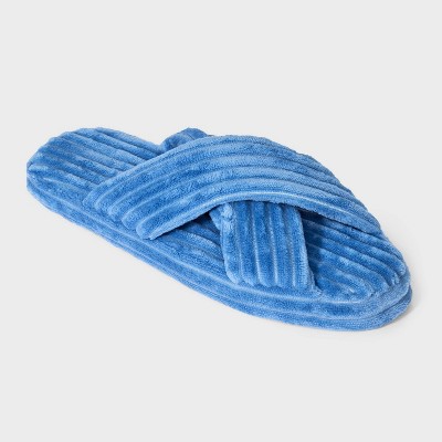 Image of Women's Plush Corduroy Cross Over Slide Slipper Socks with Memory Foam Sole & Grippers - Auden™ Blue M/L