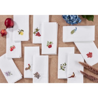 White Cotton Table Napkins with Embroidered Grapes Design, Set of 4