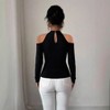 Coolmee Women's Cut Out Shoulder Tops Long Sleeve Slim Fit Casual Basic T Shirt Going Out Fall Outfits - 3 of 4