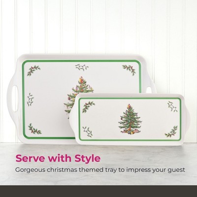 Festive Green-Banded Christmas Tree Melamine Sandwich Tray - 15.1 x 6.5 Inches