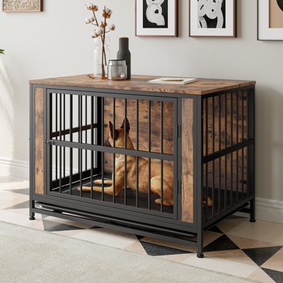 VisioGear 38.9" Dog Crate Furniture, Wooden Dog Crate Table with 2 Sliding Doors, Decorative Pet Crate House, Rustic Brown, 38.9"*23.78"*28.07"