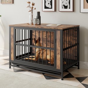 VisioGear 38.9" Dog Crate Furniture, Wooden Dog Crate Table with 2 Sliding Doors, Decorative Pet Crate House, Rustic Brown, 38.9"*23.78"*28.07" - 1 of 4