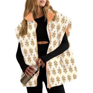 Imily Bela Womens Floral Quilted Puffer Coat Winter Warm Oversized Vest Cap Sleeve - 1 of 4