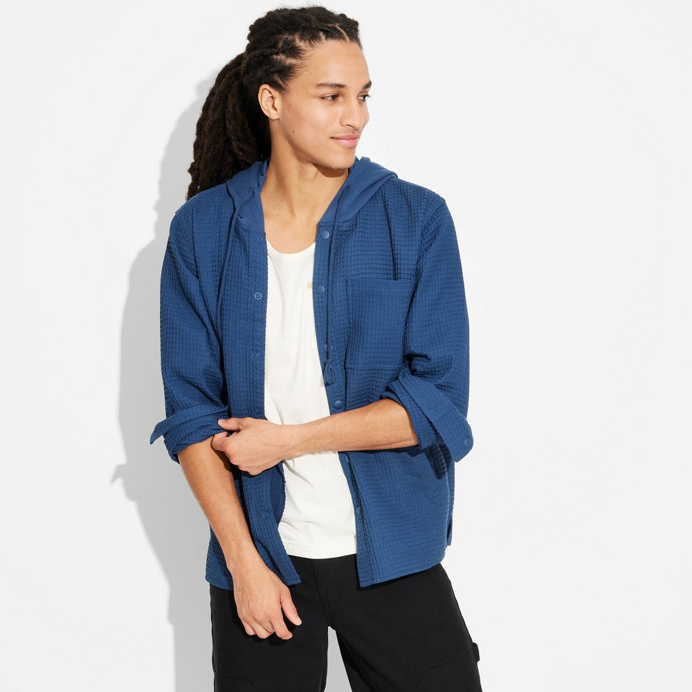 Men's Hooded Long Sleeve Button-Down Shirt - Original Use Blue S: Casual Fit, Midweight Waffle Fabric, Front Pocket