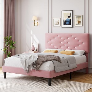 GustoWave Velvet Upholstered Bed Frame, Vertical Channel Tufted & Sturdy Wood Slats - 1 of 4