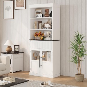 CuisinSmart Farmhouse Glass Door Display Cabinet with a Drawer, Freestanding Kitchen Pantry Cabinet with 3-Tier Open Shelves, Wood Bookshelf - 1 of 4