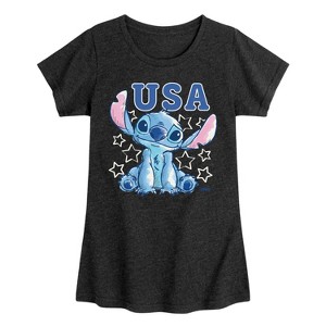 Girls' Disney USA Stitch Stars Fitted Short Sleeve Graphic T-Shirt - Heather Black - Large - 1 of 4