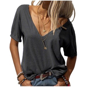 Imily Bela Womens T Shirt Deep V Neck Short Sleeve Casual Fit Basic Fashion Top - 1 of 3