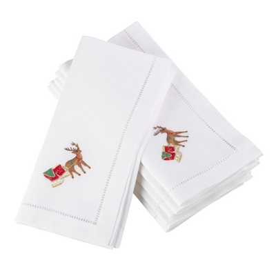 Saro Lifestyle Embroidered Reindeer Design Hemstitched Trim Border Cotton Napkin (Set of 6), 20"x20", White