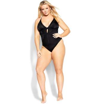 Women's Plus Size  Sexy Plunge 1 Piece - black | FOX & ROYAL