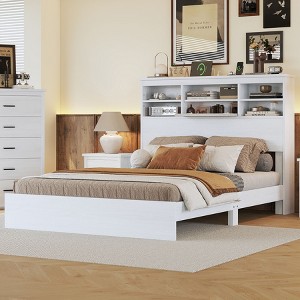 NicBex Queen Vintage Wood Platform Bed Frame with Storage Headboard and Charging Station,No Box Spring Needed,White/Walnut/Gray - 1 of 4