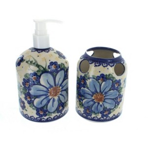Blue Rose Polish Pottery 374-375 Vena Soap Dispenser & Toothbrush Holder - 1 of 1