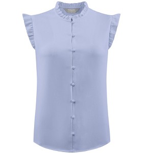 INSPIRE CHIC Women's Ruffle Sleeveless Button Down Crew Neck Stand Collar Office Shirt - 1 of 4