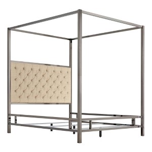 Full Manhattan Black Nickel Canopy Bed with Diamond Tufted Headboard Oatmeal Brown - Inspire Q