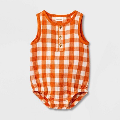 Image of Baby Gingham Gauze Henley Romper - Cat & Jack™ Orange 3-6M