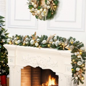 6 FT Pre-Lit Christmas Garland, Xmas Garland with Gold Leaves, Ball Ornaments, Artificial Christmas Decor for Fireplace Mantle Stairs - 1 of 4