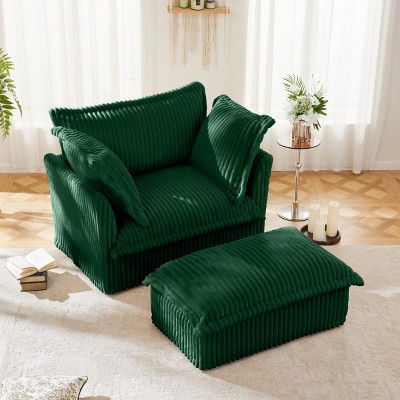 SKRAN 49" Armchair with Ottoman,Upholstered Comfy Corduroy Lounge Chair with 2 Large Soft Pillows,for Living Room Bedroom(Green,1 Seat + 1 Ottoman)